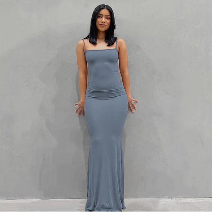 Satin Slip Backless Maxi Dress - Blue / Large