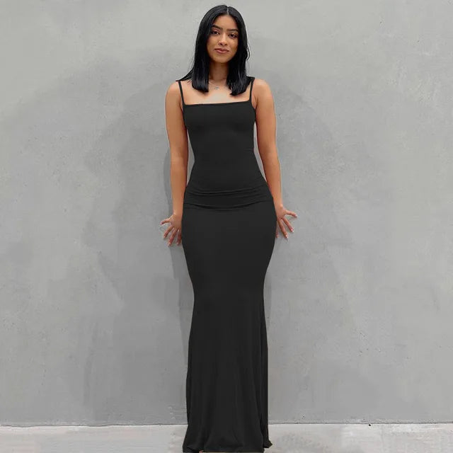 Satin Slip Backless Maxi Dress - Black / Medium