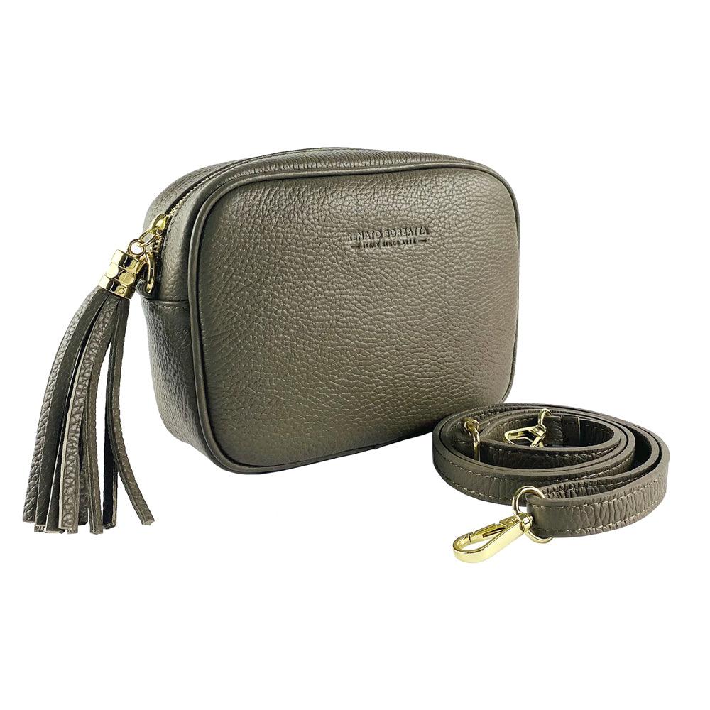 tracollina donna vera pelle-RB1024BF | Women's handbag in genuine leather Made in Italy with removable shoulder strap. Large internal removable bag. Glossy gunmetal-shopluxelook.store