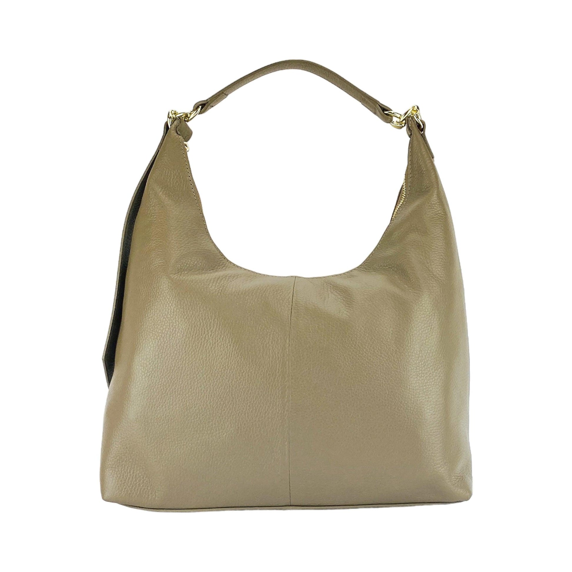 Made in Italy genuine leather shoulder bag with single handle and removable shoulder strap, shiny gold metal carabiner attachments, taupe color, dimensions 36 x 40 x 13 cm-RB1024BF | Women's handbag in genuine leather Made in Italy with removable shoulder strap. Large internal removable bag. Glossy gunmetal-shopluxelook.store