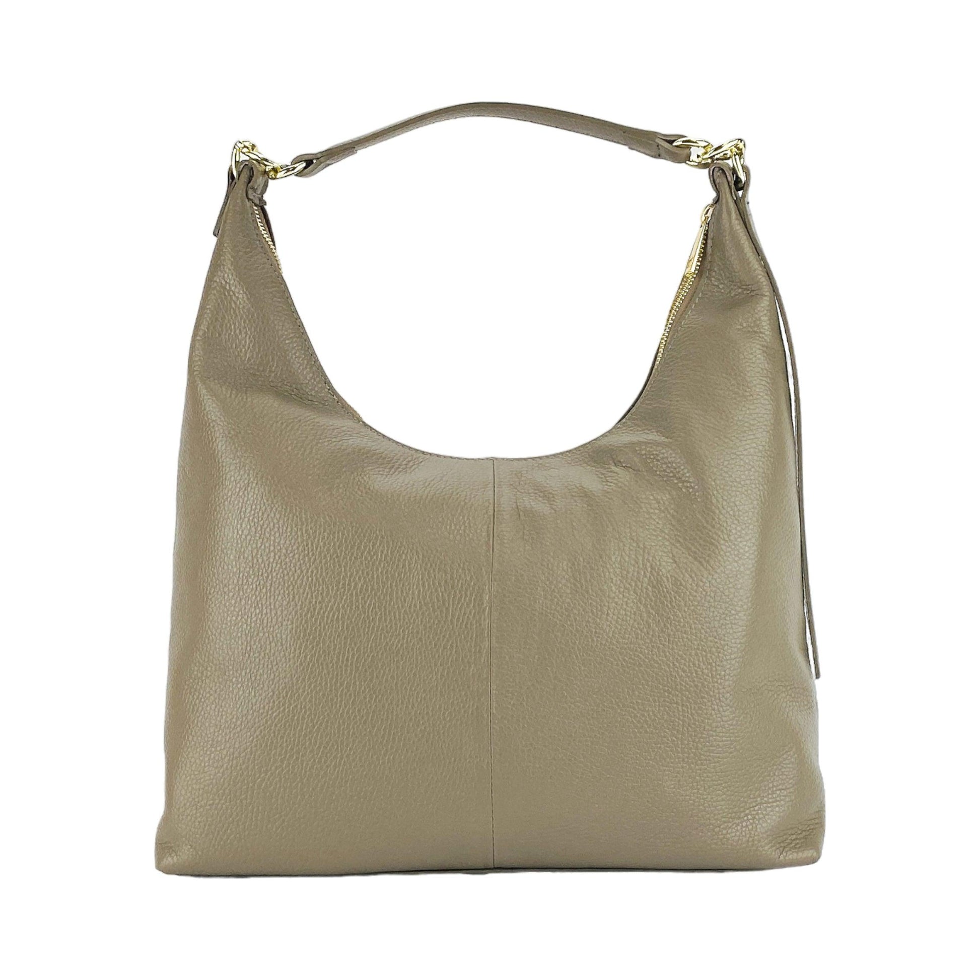 Made in Italy genuine leather shoulder bag with single handle and removable shoulder strap, shiny gold metal carabiner attachments, taupe color, dimensions 36 x 40 x 13 cm-RB1024BF | Women's handbag in genuine leather Made in Italy with removable shoulder strap. Large internal removable bag. Glossy gunmetal-shopluxelook.store