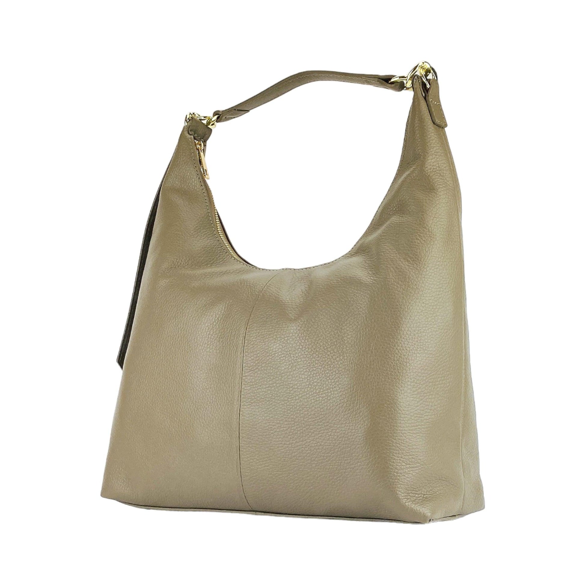 Made in Italy genuine leather shoulder bag with single handle and removable shoulder strap, shiny gold metal carabiner attachments, taupe color, dimensions 36 x 40 x 13 cm-RB1024BF | Women's handbag in genuine leather Made in Italy with removable shoulder strap. Large internal removable bag. Glossy gunmetal-shopluxelook.store