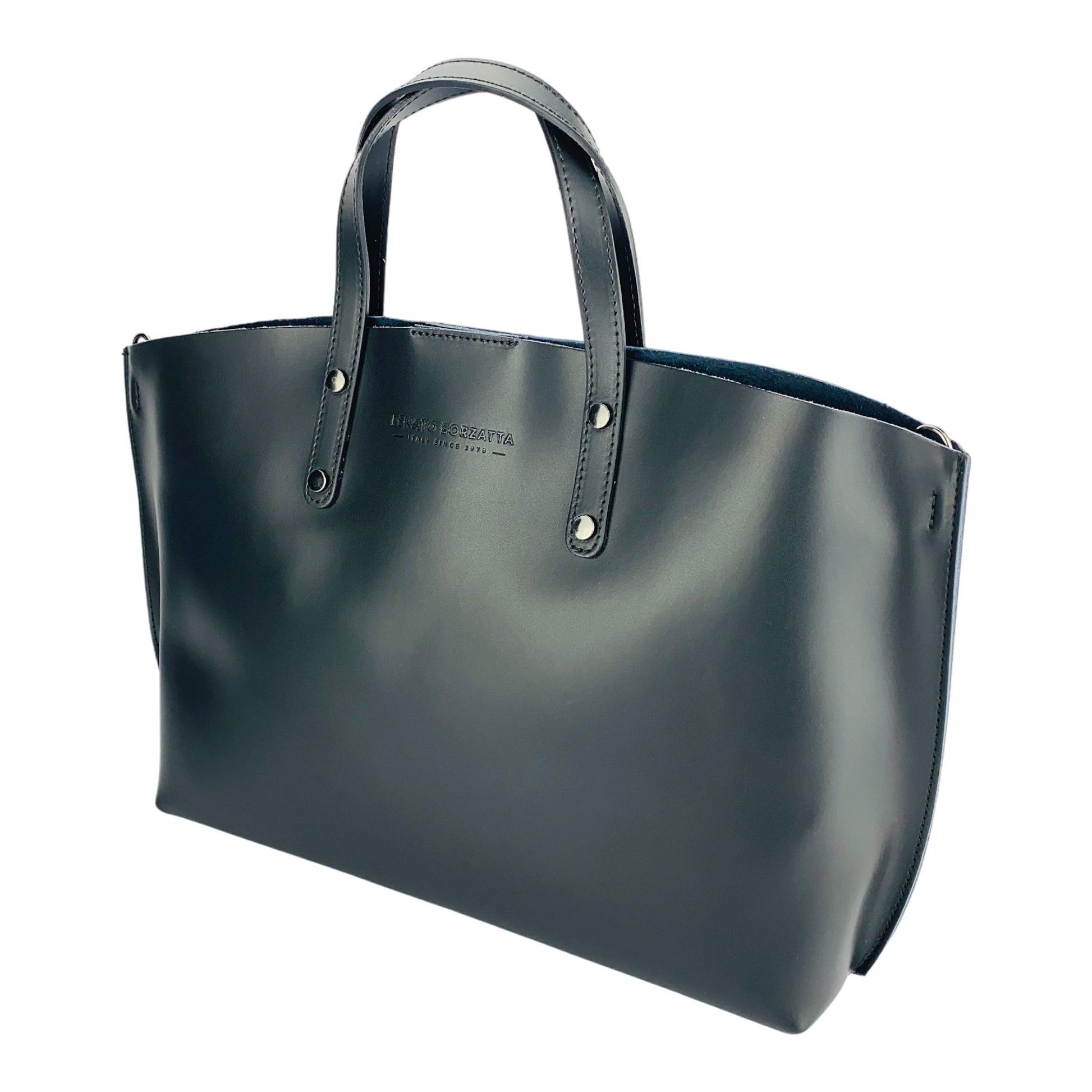 Italian leather handbag-RB1024BF | Women's handbag in genuine leather Made in Italy with removable shoulder strap. Large internal removable bag. Glossy gunmetal-shopluxelook.store