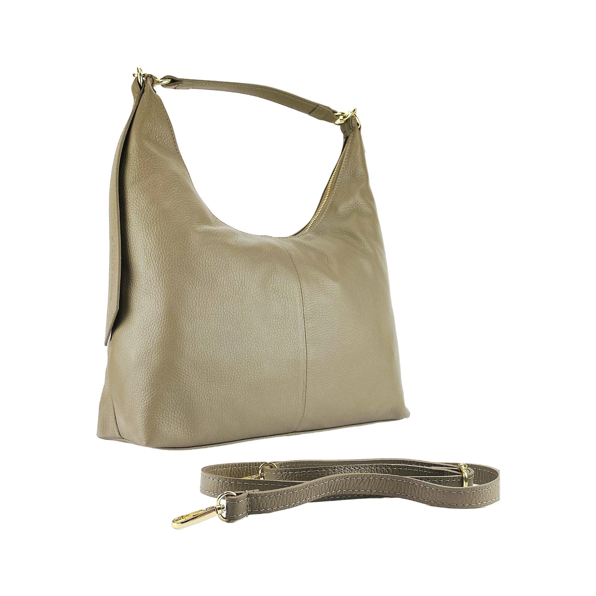 Made in Italy genuine leather shoulder bag with single handle and removable shoulder strap, shiny gold metal carabiner attachments, taupe color, dimensions 36 x 40 x 13 cm-RB1024BF | Women's handbag in genuine leather Made in Italy with removable shoulder strap. Large internal removable bag. Glossy gunmetal-shopluxelook.store