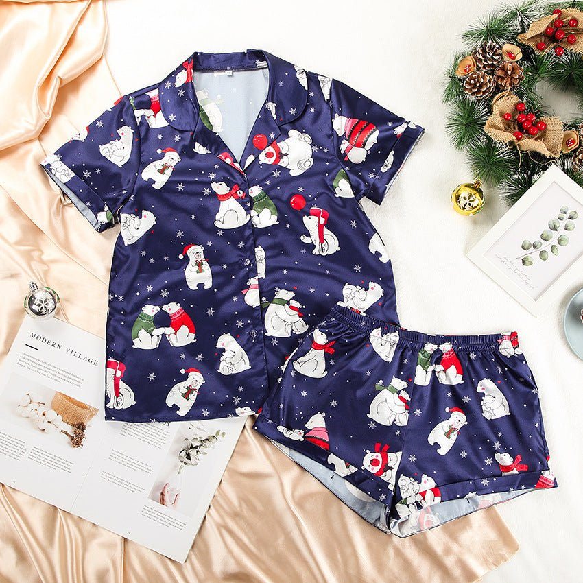 satin pajamas-Satin Short-sleeved Pajamas Set For Women Christmas Print-shopluxelook.store