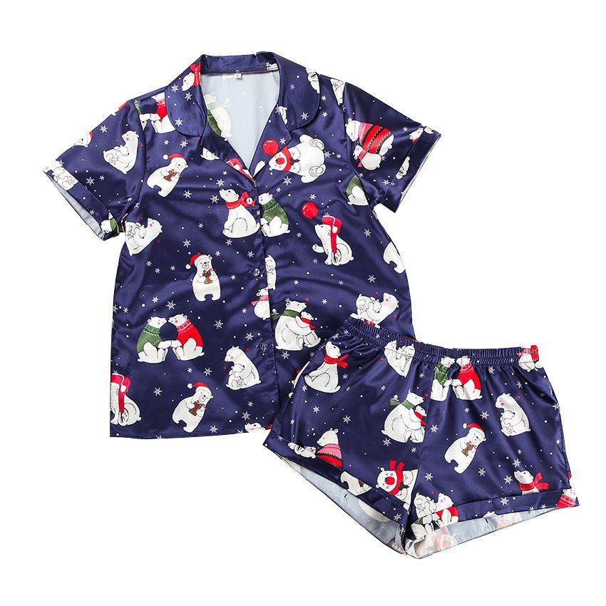 satin pajamas-Satin Short-sleeved Pajamas Set For Women Christmas Print-shopluxelook.store