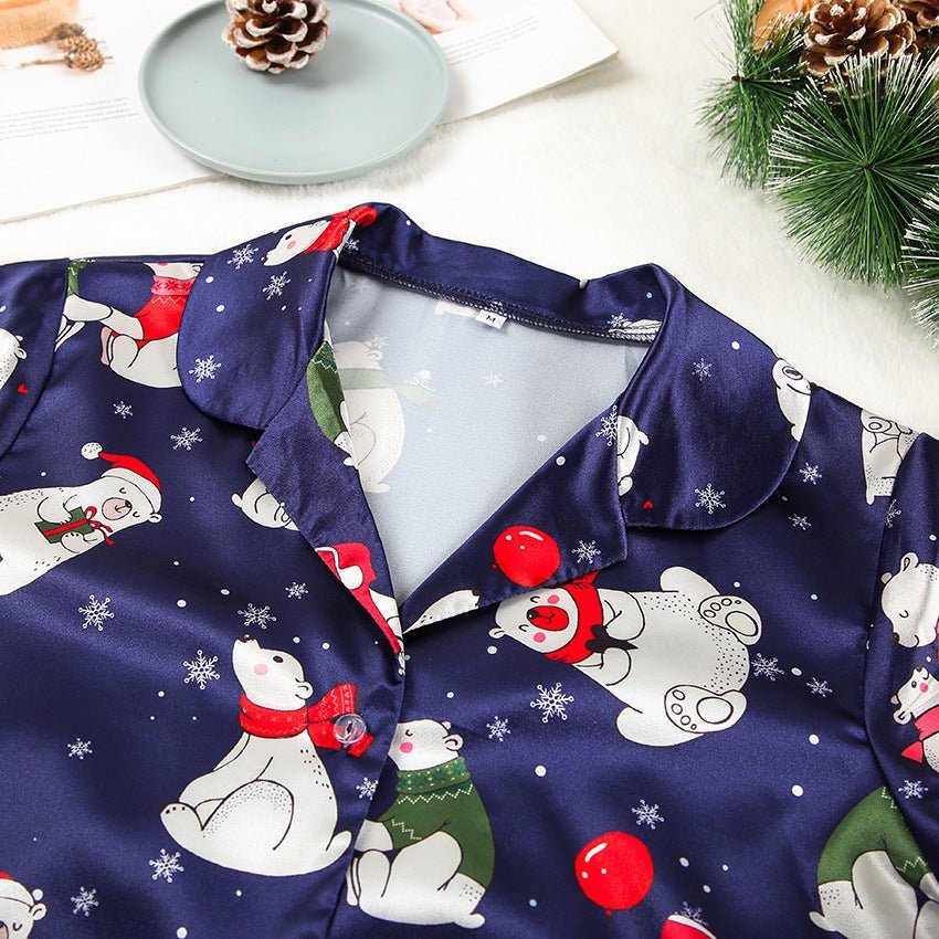 satin pajamas-Satin Short-sleeved Pajamas Set For Women Christmas Print-shopluxelook.store