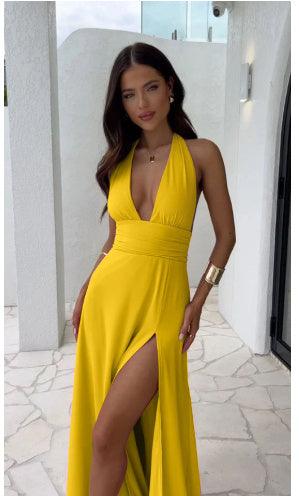 sexy halterneck dress-Sexy Halterneck V-neck Slit Dress Summer Backless Strappy Skirt Fashion Temperament Clothing Women-shopluxelook.store