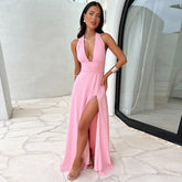 Sexy Halterneck V-neck Slit Dress Summer Backless Strappy Skirt Fashion Temperament Clothing Women-shopluxelook.store