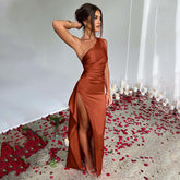 Sexy One-shoulder Backless Slit Dress Summer Elegant Slim-fit Solid Color Satin Dresses For Women-shopluxelook.store