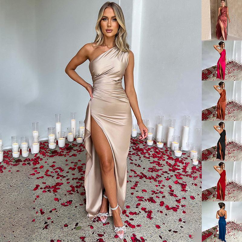 Sexy One-shoulder Backless Slit Dress Summer Elegant Slim-fit Solid Color Satin Dresses For Women-shopluxelook.store