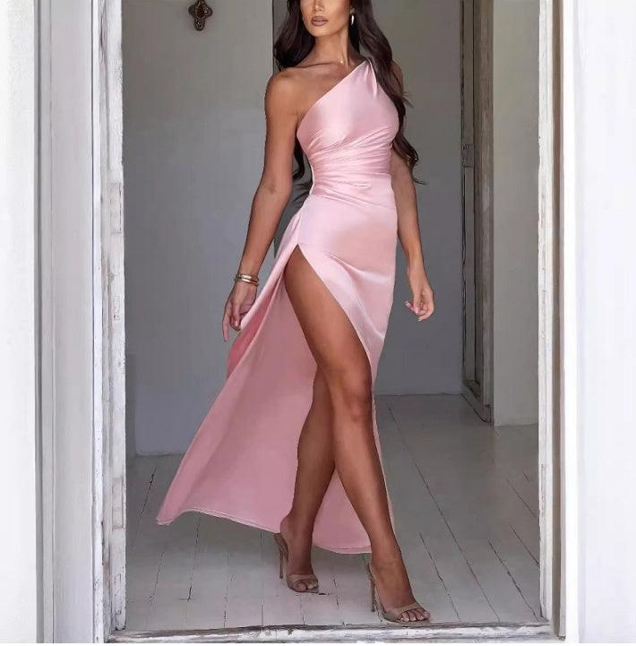 sexy one shoulder dress-Sexy One-shoulder Backless Slit Dress Summer Elegant Slim-fit Solid Color Satin Dresses For Women-shopluxelook.store