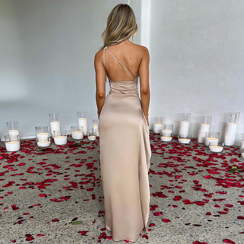 Sexy One-shoulder Backless Slit Dress Summer Elegant Slim-fit Solid Color Satin Dresses For Women-shopluxelook.store