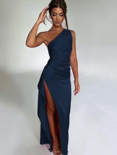 Sexy One-shoulder Backless Slit Dress Summer Elegant Slim-fit Solid Color Satin Dresses For Women-shopluxelook.store