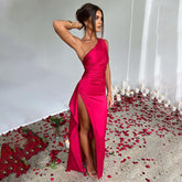 Sexy One-shoulder Backless Slit Dress Summer Elegant Slim-fit Solid Color Satin Dresses For Women-shopluxelook.store