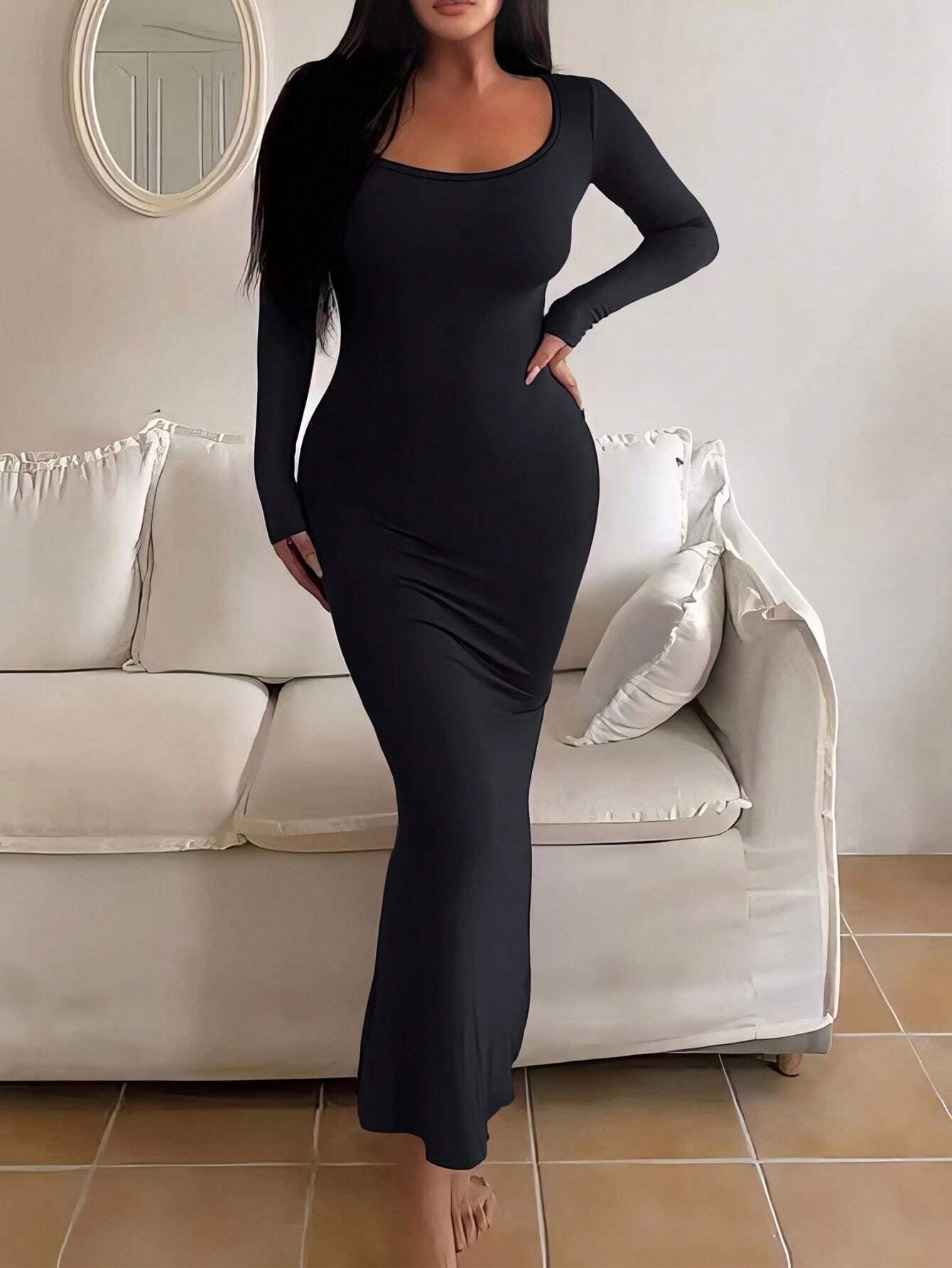 Shein bodycon dress-SHEIN Ezwear Solid Scoop Neck Bodycon Dress-shopluxelook.store