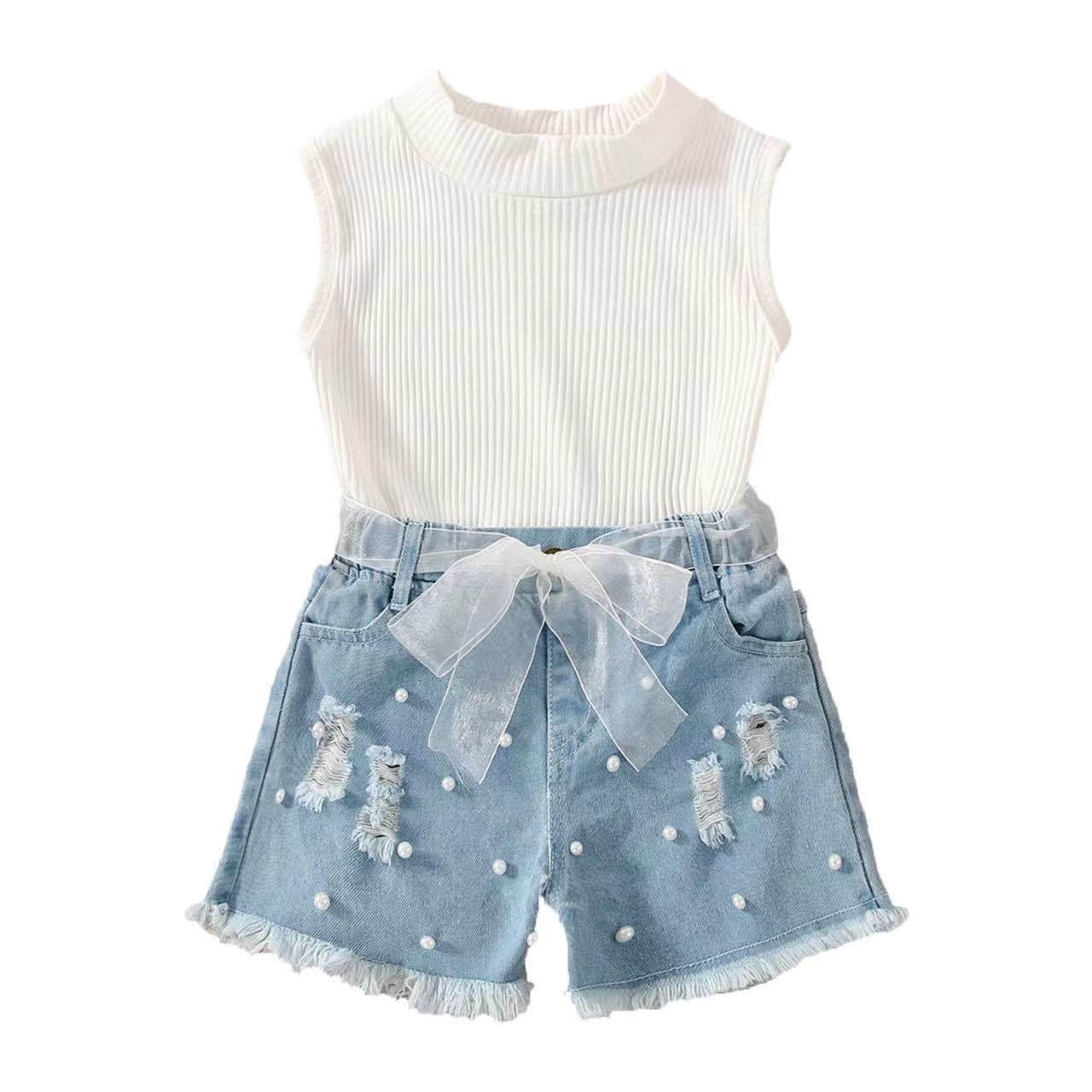 children's suit-Sleeveless Pit Strip Childrens Suit Denim Shorts Twopiece Set-shopluxelook.store