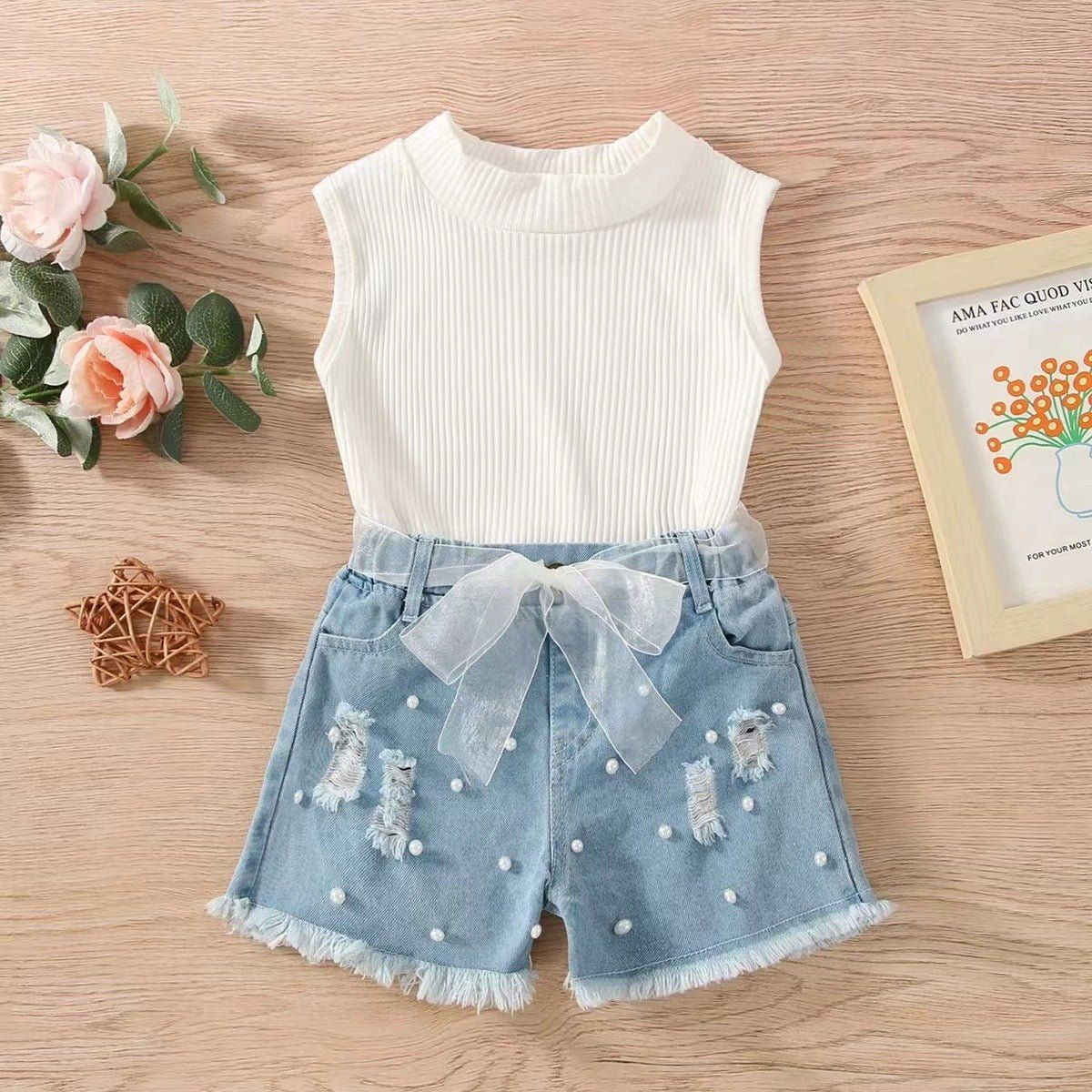 children's suit-Sleeveless Pit Strip Childrens Suit Denim Shorts Twopiece Set-shopluxelook.store