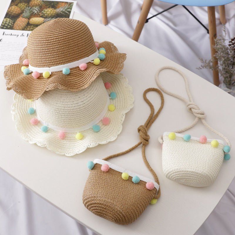 children straw hat bag-Small Ball Solid Color Children Straw Hat Bag Set-shopluxelook.store