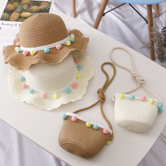 Small Ball Solid Color Children Straw Hat Bag Set - Luxury 0 by Shop Luxe Look