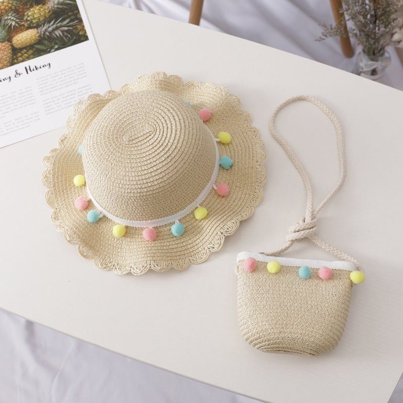 children straw hat bag-Small Ball Solid Color Children Straw Hat Bag Set-shopluxelook.store