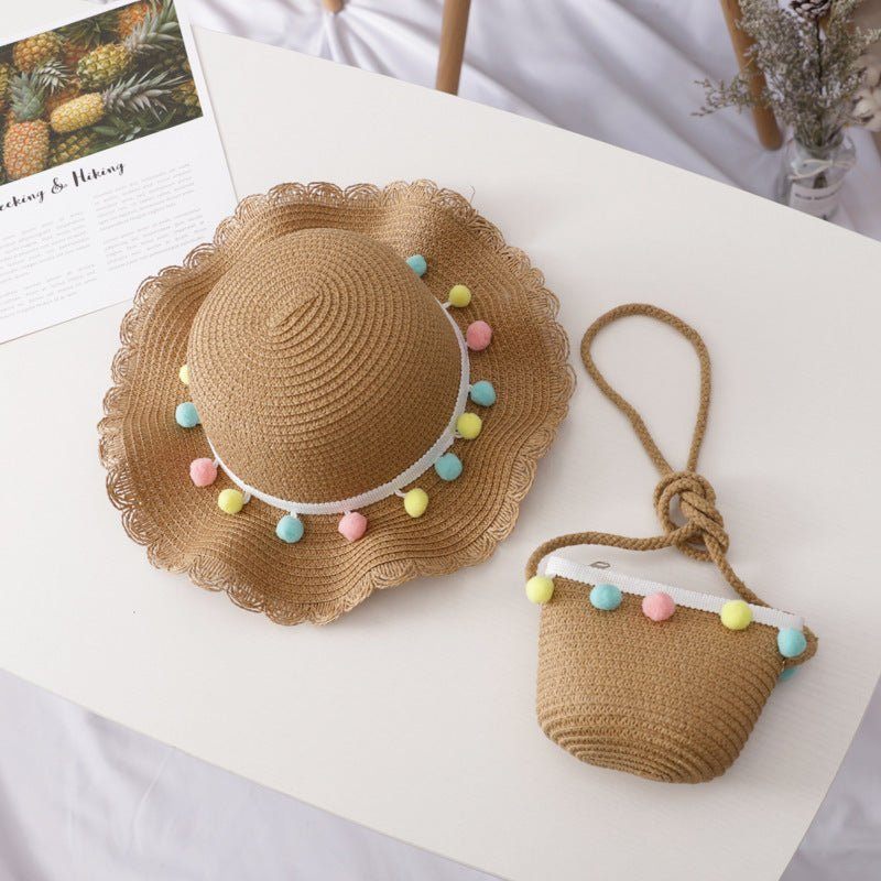 children straw hat bag-Small Ball Solid Color Children Straw Hat Bag Set-shopluxelook.store