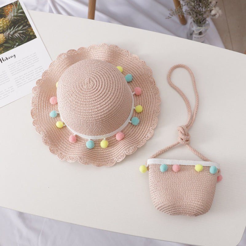 children straw hat bag-Small Ball Solid Color Children Straw Hat Bag Set-shopluxelook.store