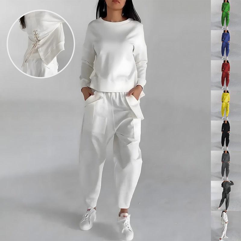 solid color fashion sweatshirt-Solid Color Fashion Sweatshirt Long Sleeve Back Slit Top With Pockets Loose Trousers Women's Clothing-shopluxelook.store