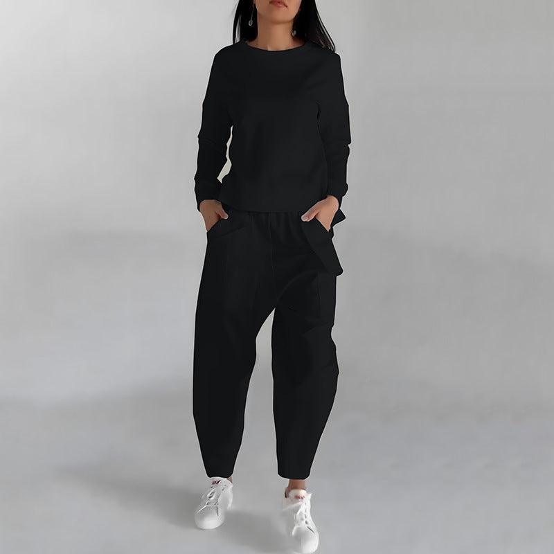 solid color fashion sweatshirt-Solid Color Fashion Sweatshirt Long Sleeve Back Slit Top With Pockets Loose Trousers Women's Clothing-shopluxelook.store