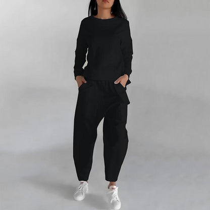 Solid Color Fashion Sweatshirt Long Sleeve Back Slit Top With Pockets Loose Trousers Women's Clothing - Luxury 4 by Shop Luxe Look