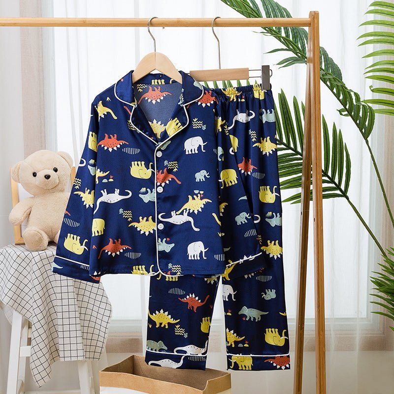 Children's pajamas-Spring And Autumn Children's Pajamas Silk Boy Girl Child Baby Long-Sleeved Short Suit Ice Silk Baby Air-Conditioned Home Service-shopluxelook.store