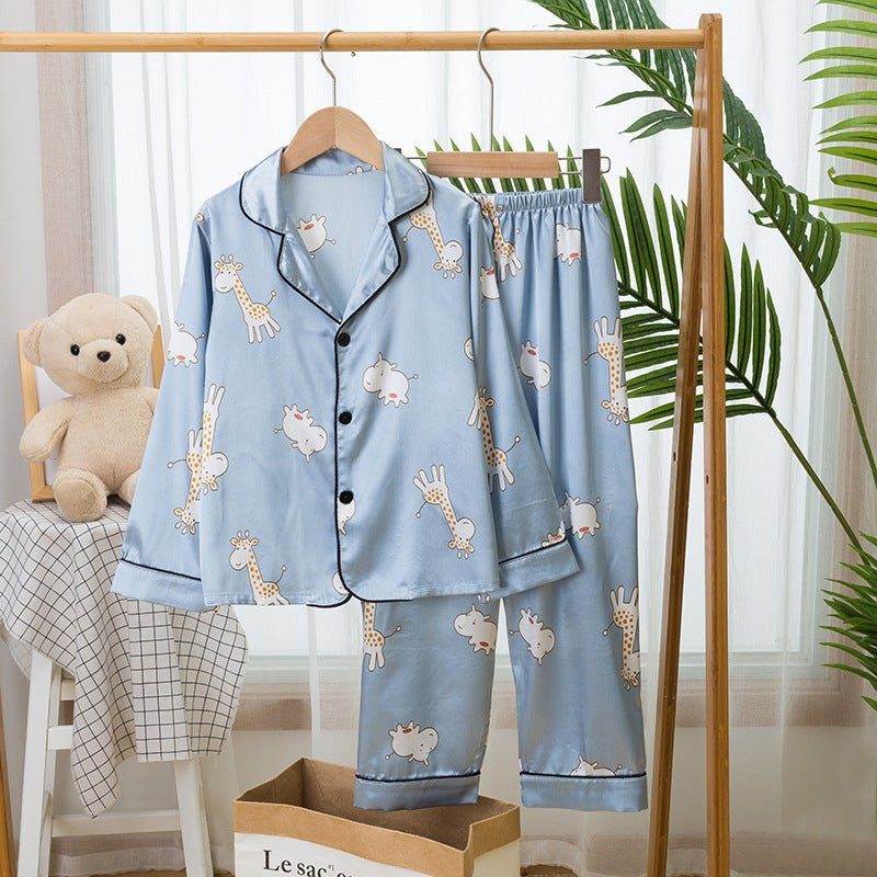 Children's pajamas-Spring And Autumn Children's Pajamas Silk Boy Girl Child Baby Long-Sleeved Short Suit Ice Silk Baby Air-Conditioned Home Service-shopluxelook.store