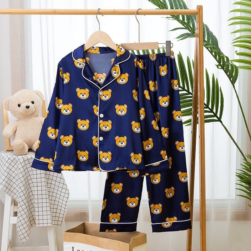 Children's pajamas-Spring And Autumn Children's Pajamas Silk Boy Girl Child Baby Long-Sleeved Short Suit Ice Silk Baby Air-Conditioned Home Service-shopluxelook.store