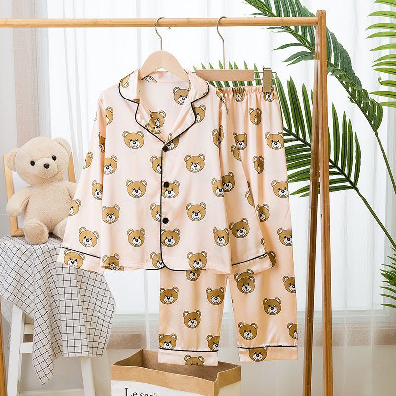 Children's pajamas-Spring And Autumn Children's Pajamas Silk Boy Girl Child Baby Long-Sleeved Short Suit Ice Silk Baby Air-Conditioned Home Service-shopluxelook.store