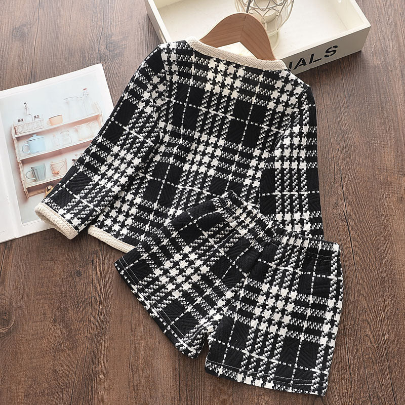 Korean girls plaid suit pants-Spring and Autumn Korean Girls Plaid Suit Pants Little Girl Net Red Ocean Long Sleeve Top Shorts Two-piece Set-shopluxelook.store