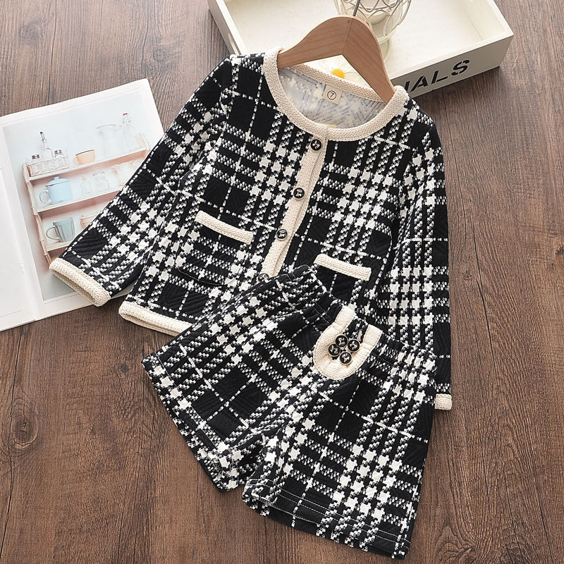 Korean girls plaid suit pants-Spring and Autumn Korean Girls Plaid Suit Pants Little Girl Net Red Ocean Long Sleeve Top Shorts Two-piece Set-shopluxelook.store