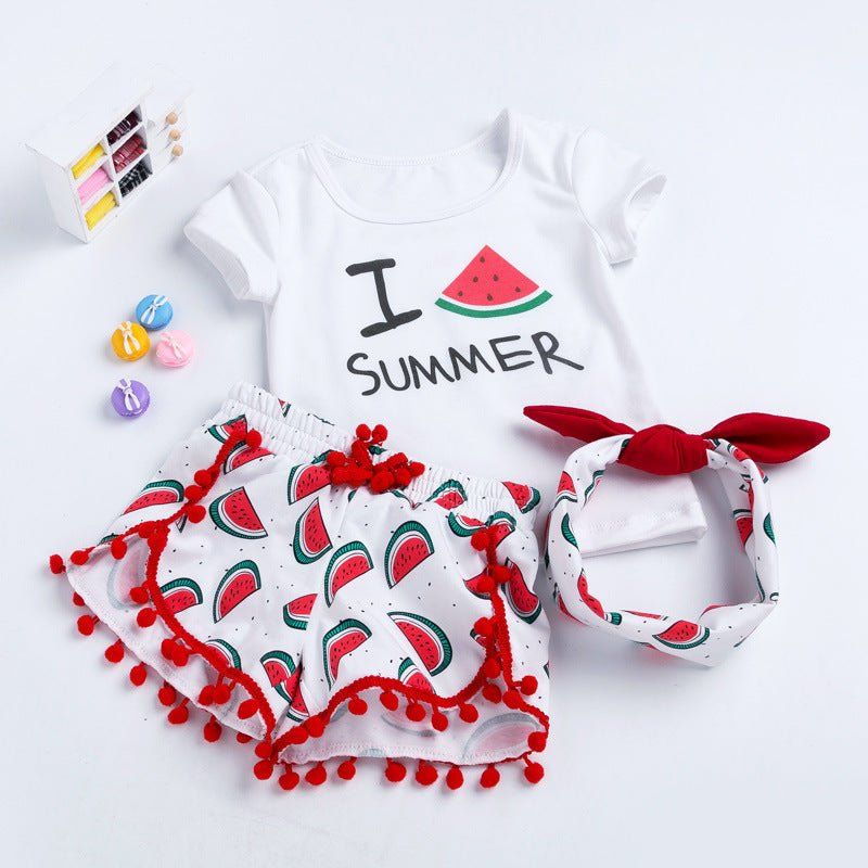 summer baby girl beach outfit-Summer Baby Girl Beach Short-sleeved T-shirt Shorts Hairband Set-shopluxelook.store