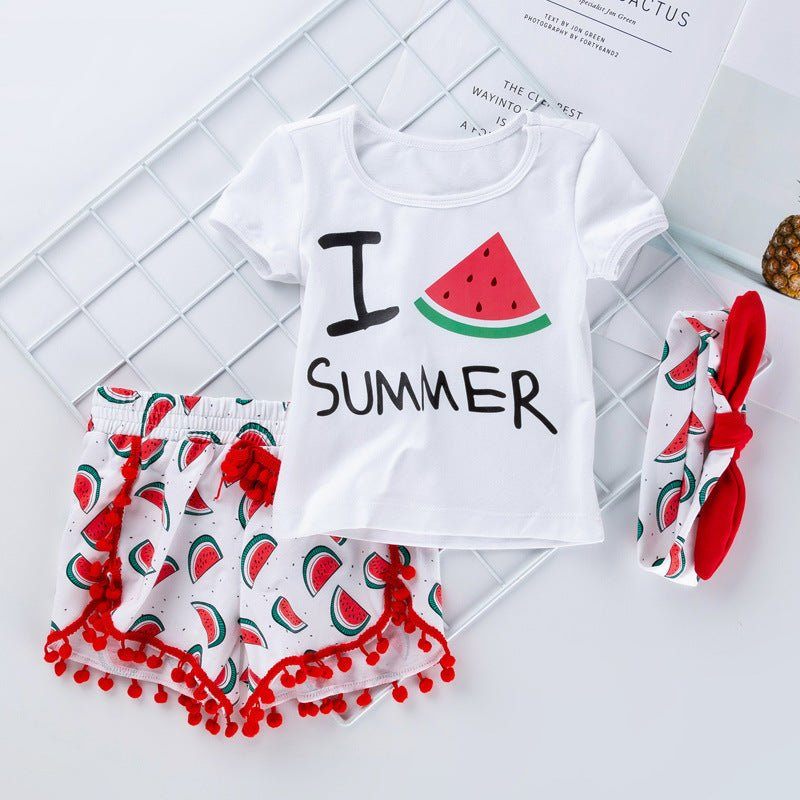 summer baby girl beach outfit-Summer Baby Girl Beach Short-sleeved T-shirt Shorts Hairband Set-shopluxelook.store