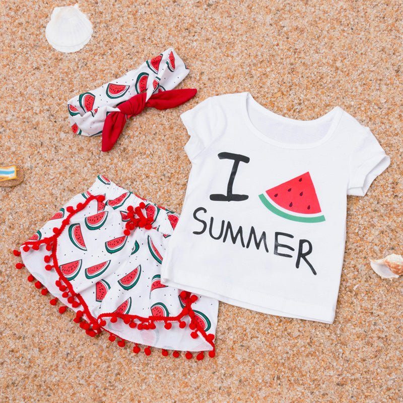 summer baby girl beach outfit-Summer Baby Girl Beach Short-sleeved T-shirt Shorts Hairband Set-shopluxelook.store