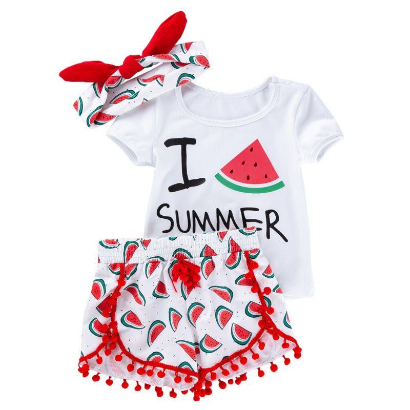 summer baby girl beach outfit-Summer Baby Girl Beach Short-sleeved T-shirt Shorts Hairband Set-shopluxelook.store