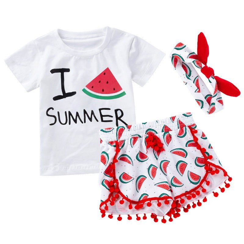 summer baby girl beach outfit-Summer Baby Girl Beach Short-sleeved T-shirt Shorts Hairband Set-shopluxelook.store