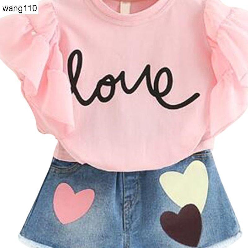 summer girls clothing-Summer Kids Girls Clothing Sets 2 pcs T-shirt Hole Pants Set-shopluxelook.store