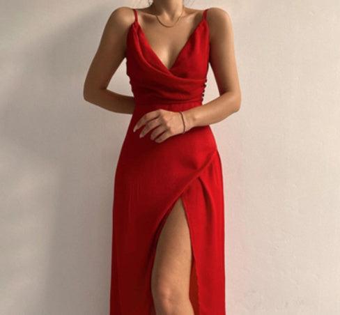 V - neck Slip Dress Low Cut Printed Slit Dress - Luxury 0 by Shop Luxe Look