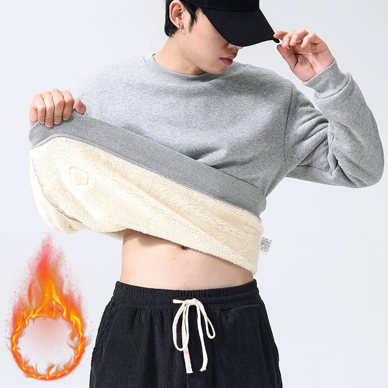 winter fleece sweatshirt-Winter Fleece Sweatshirt Warm Round Neck Pullover Top For Men Solid Color Sweater Boys Teenagers Clothing-shopluxelook.store