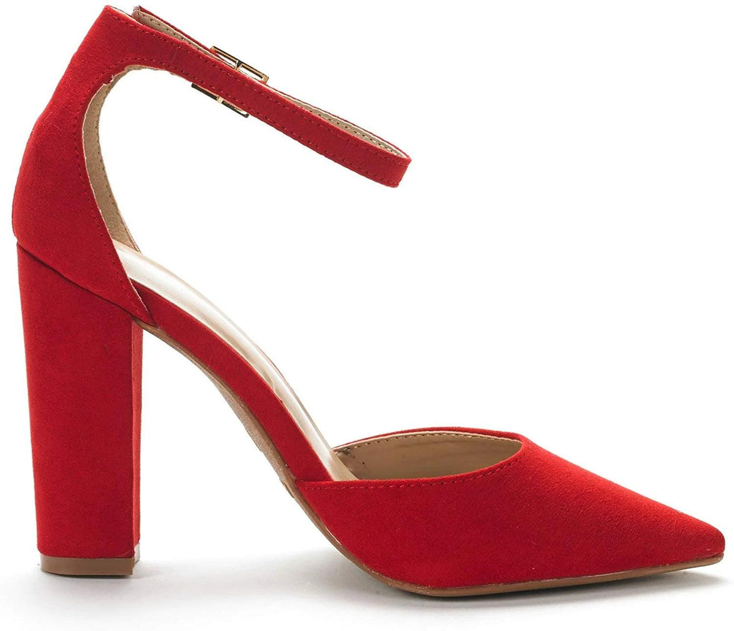 Women Ankle Strap Pump Shoes Pointed Toe High Chunky Heel Dress Pump Shoes COCO RED/SUEDE Size 8.5 - Luxury by Shop Luxe Look