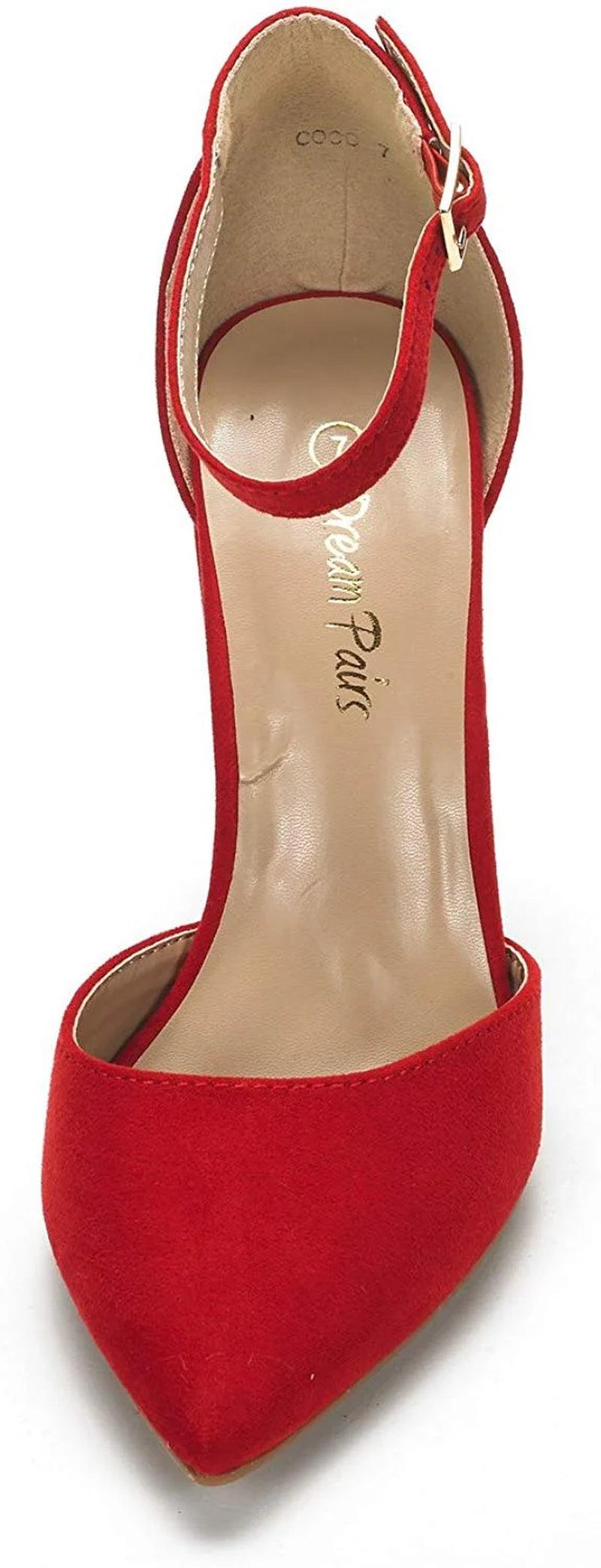 women ankle strap pump shoes-Women Ankle Strap Pump Shoes Pointed Toe High Chunky Heel Dress Pump Shoes COCO RED/SUEDE Size 8.5-shopluxelook.store