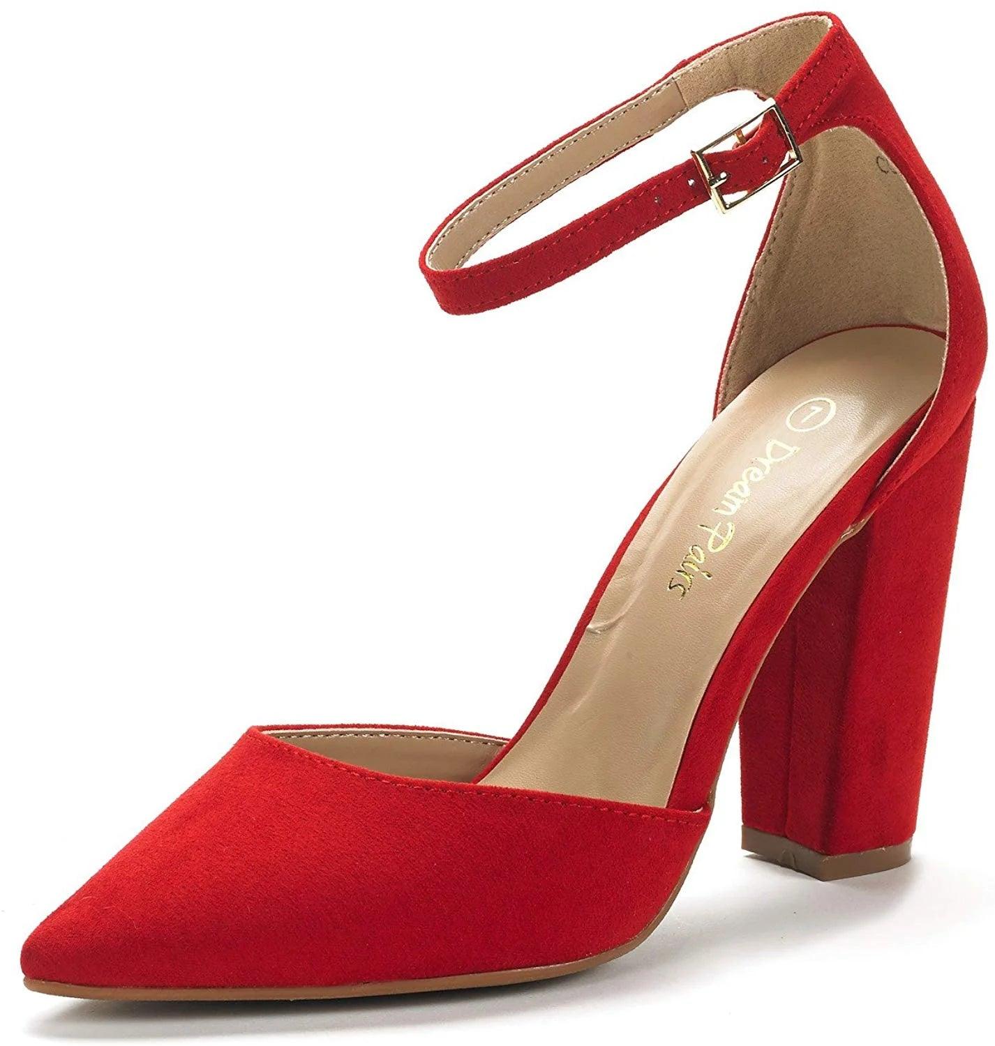 Women Ankle Strap Pump Shoes Pointed Toe High Chunky Heel Dress Pump Shoes COCO RED/SUEDE Size 8.5 - Luxury by Shop Luxe Look