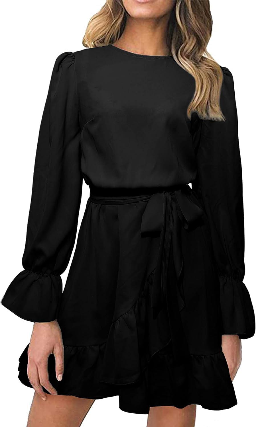 women flowy dress-Women Flowy Long Sleeve Crew Neck Ruffles Mini Short Dress Bell Sleeve Solid Color with Belt (Black, Medium)-shopluxelook.store