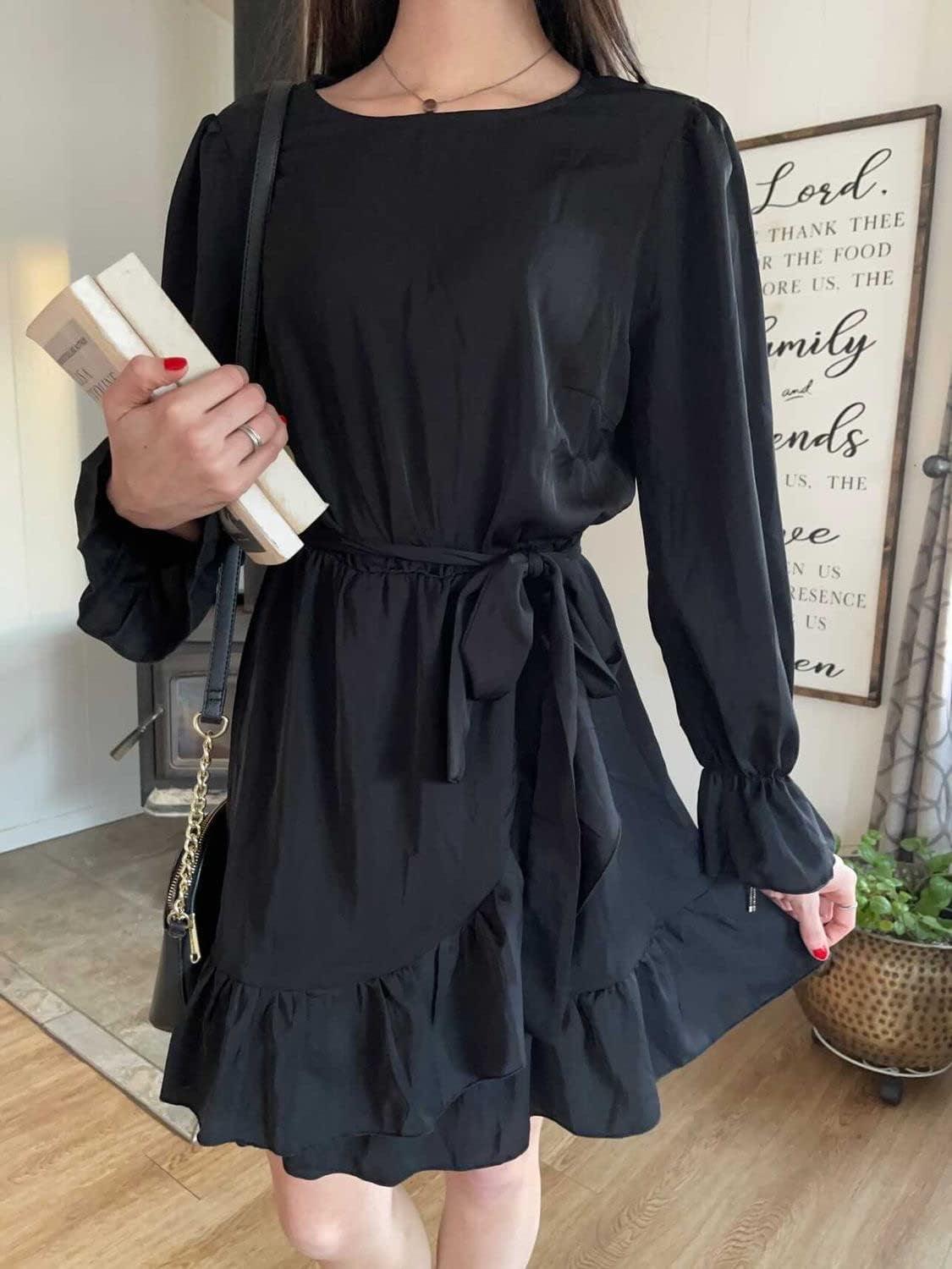 women flowy dress-Women Flowy Long Sleeve Crew Neck Ruffles Mini Short Dress Bell Sleeve Solid Color with Belt (Black, Medium)-shopluxelook.store