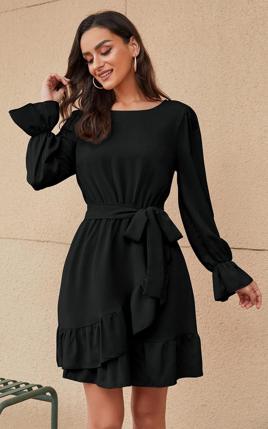 Women Flowy Long Sleeve Crew Neck Ruffles Mini Short Dress Bell Sleeve Solid Color with Belt (Black, Medium) - Luxury by Shop Luxe Look